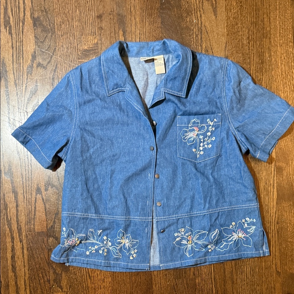 Vintage Cottagecore Embroidered Blue Shirt